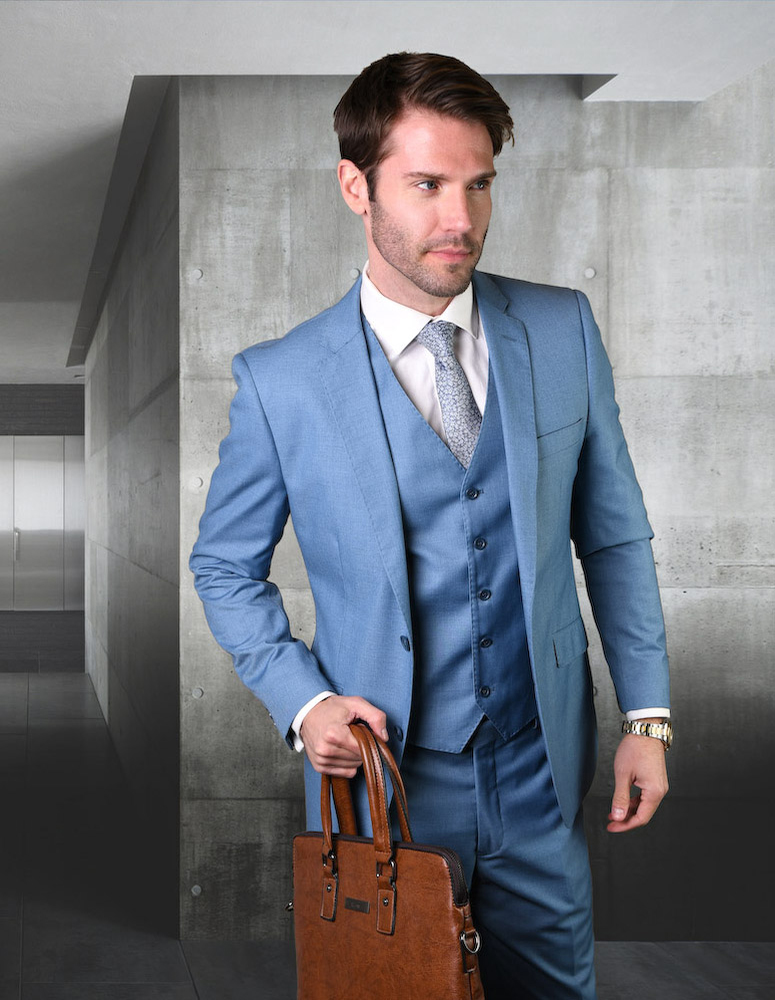 STZV-100 STATEMENT 3PC 2 BUTTON SOLID COLOR STEEL BLUE MENS SUIT WITH A VEST SUPER 150'S EXTRA FINE ITALIAN WOOL    