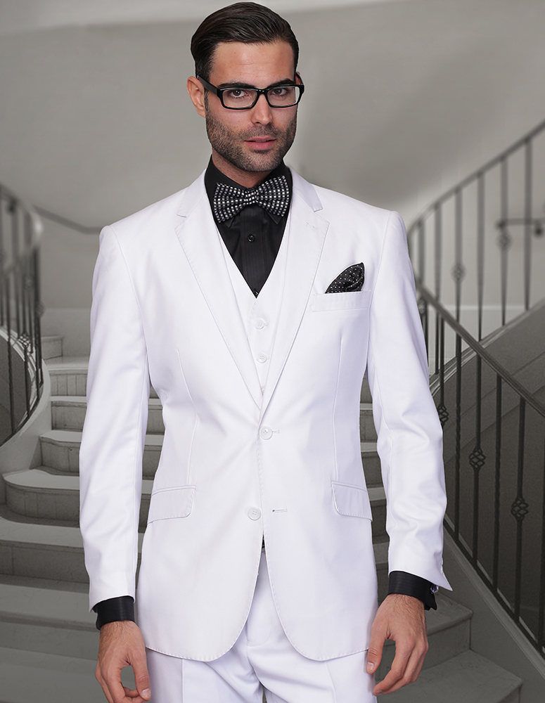 STATEMENT STZV-100 3PC 2 BUTTON SOLID COLOR WHITE MENS SUIT WITH A VEST SUPER 150'S EXTRA FINE ITALIAN WOOL     