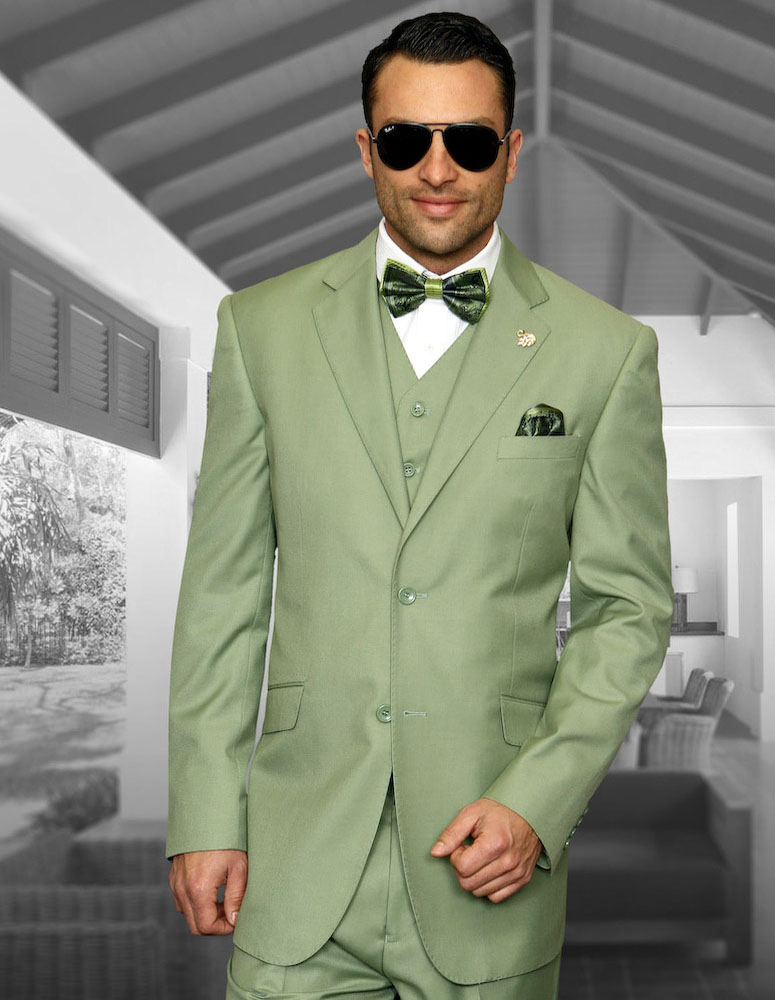 STATEMENT STZV-102 3PC 2 BUTTON SOLID COLOR APPLEGREEN MENS SUIT WITH A VEST SUPER 150'S EXTRA FINE ITALIAN WOOL  