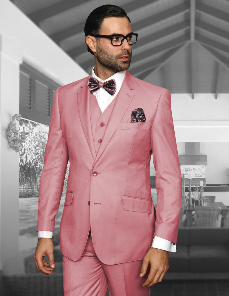 STATEMENT STZV-102 3PC 2 BUTTON SOLID COLOR BLUSH MENS SUIT WITH A VEST SUPER 150'S EXTRA FINE ITALIAN WOOL 