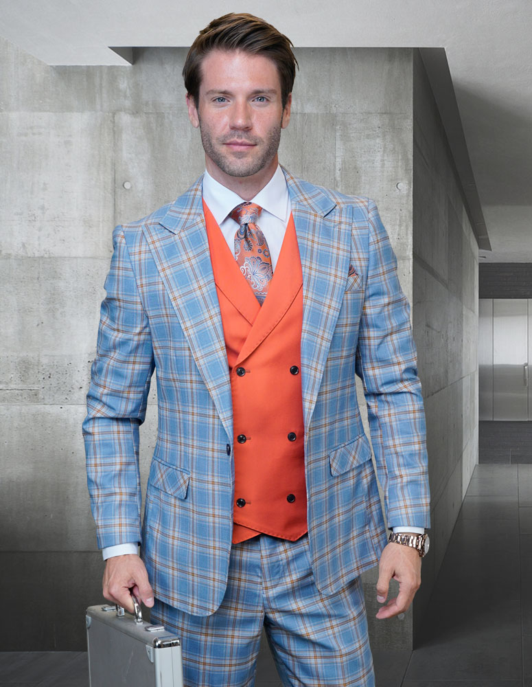 3PC PLAID SUITS WITH SOLID COLOR MATCHING CONTRAST VEST. SUPER 150\'S ITALIAN WOOL FABRIC. MODERN FIT FLAT FRONT PANTS