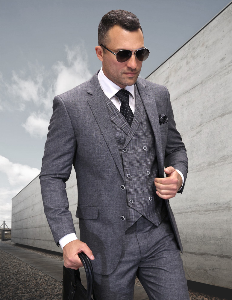 STATEMENT CHARCOAL 3PC TAILORED FIT 2 BUTTON JACKET WITH DOUBLE BREASTED VEST HAND MADE SUPER 150'S ITALIAN FABRIC 