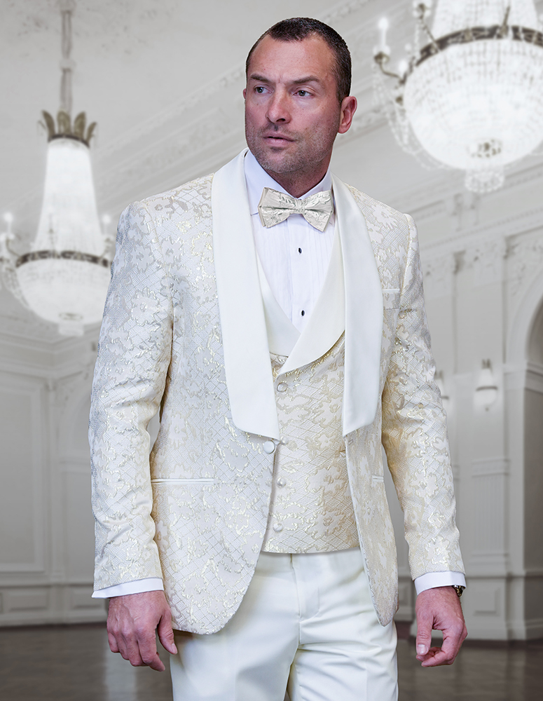 STATEMENT OFFWHITE 3PC TAILORED FIT 1 BUTTON MENS SHAWL LAPEL TUXEDO SUPER 150'S EXTRA FINE ITALIAN FABRIC  INCLUDING BOW TIE  