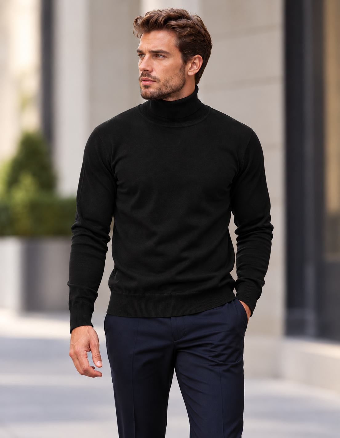 BLACK MODERN FIT TURTLE NECK. WOOL & CASHMERE