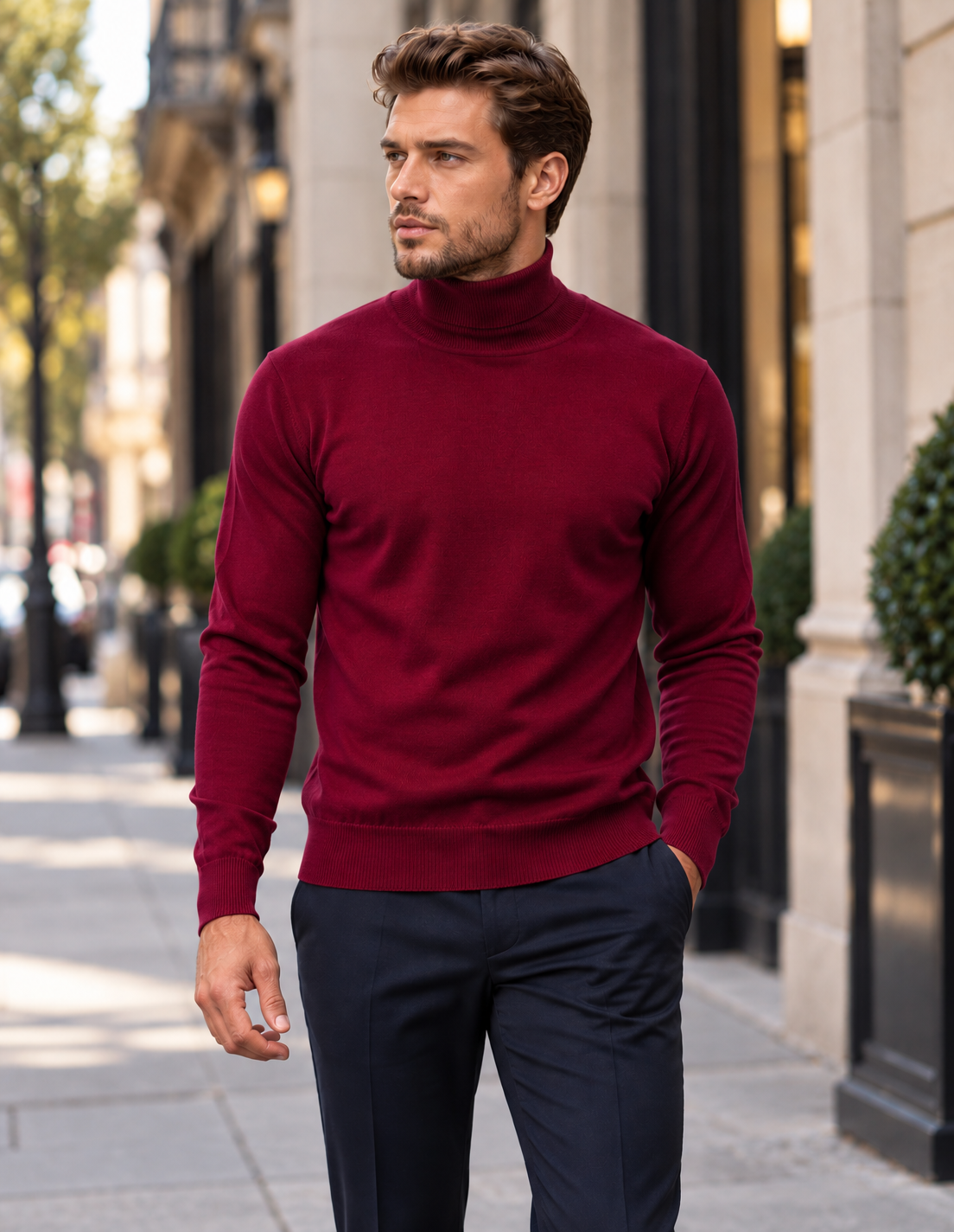 BURGUNDY MODERN FIT TURTLE NECK. WOOL & CASHMERE 