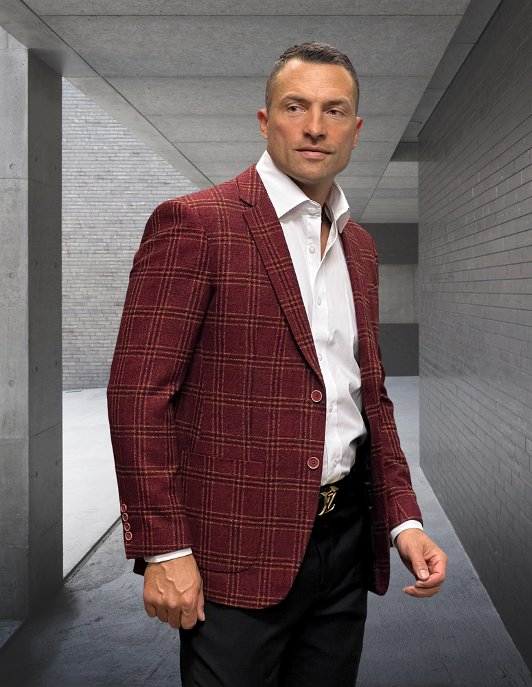 TROPEZ BURGUNDY PLAID TEXTURED SPORT COAT 2 BUTTON HAND MADE SUPER 200'S ITALIAN WOOL AND CASHMERE FABRIC   