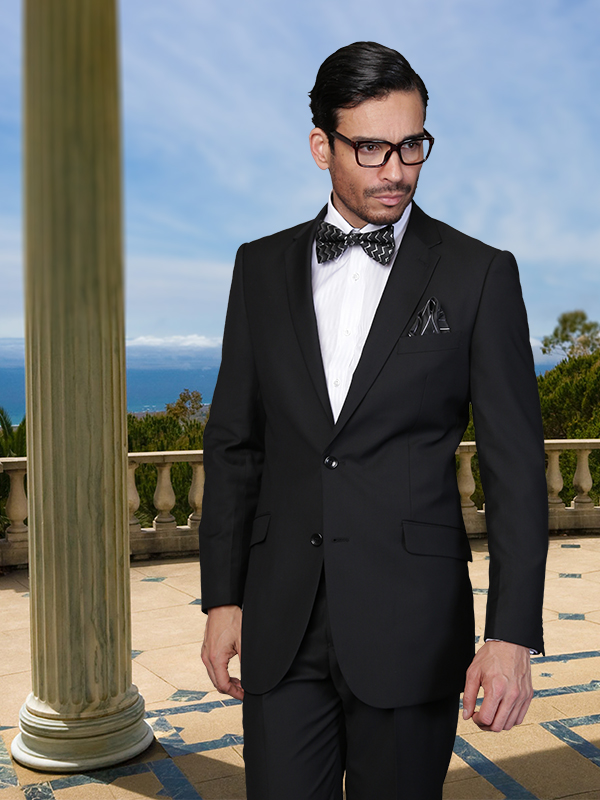 TS-02 MENS SOLID COLOR BLACK 2 BUTTON WOOL 2PC SUIT SUPER 150'S EXTRA FINE ITALIAN MADE. 