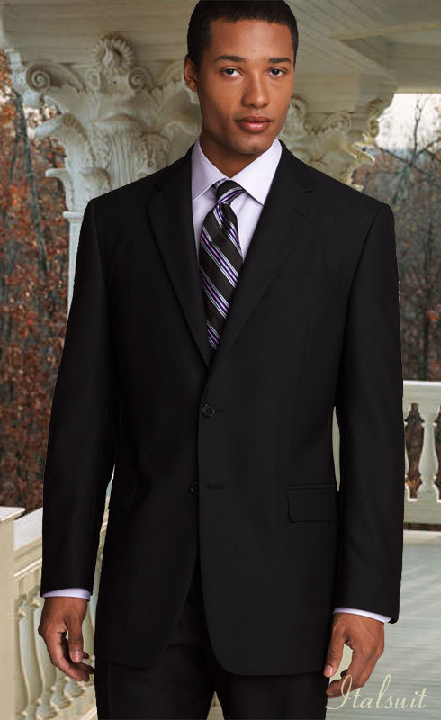  BLACK CLASSIC 2PC 2 BUTTON MENS SUIT BY STATEMENT. SUPER 150'S EXTRA FINE ITALIAN FABRIC