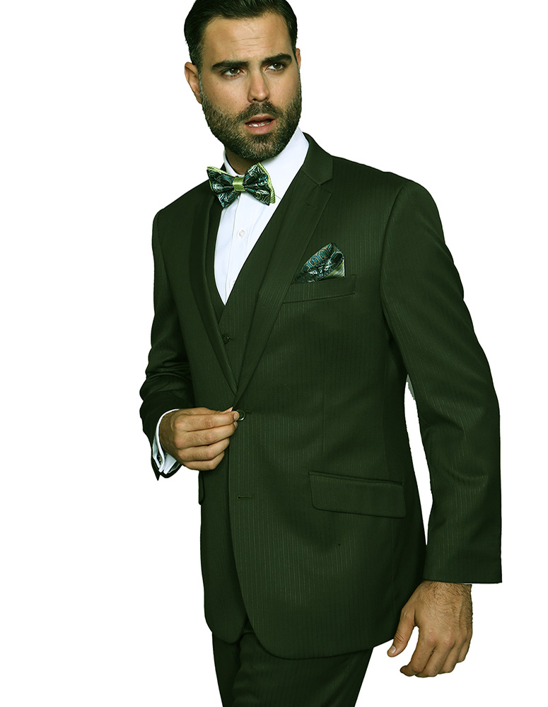 3PC SHADOW STRIPE OLVE TAILORED FIT FLAT FRONT PANTS 2 BUTTON MENS SUIT WITH  VEST SUPER 150'S EXTRA FINE ITALIAN WOOL