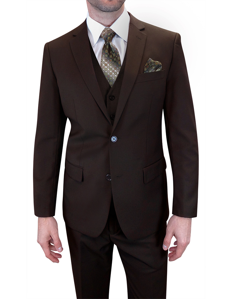 3PC SOLID COLOR BROWN TAILORED FIT FLAT FRONT PANTS 2 BUTTON MENS SUIT WITH VEST SUPER 150'S EXTRA FINE ITALIAN WOOL  