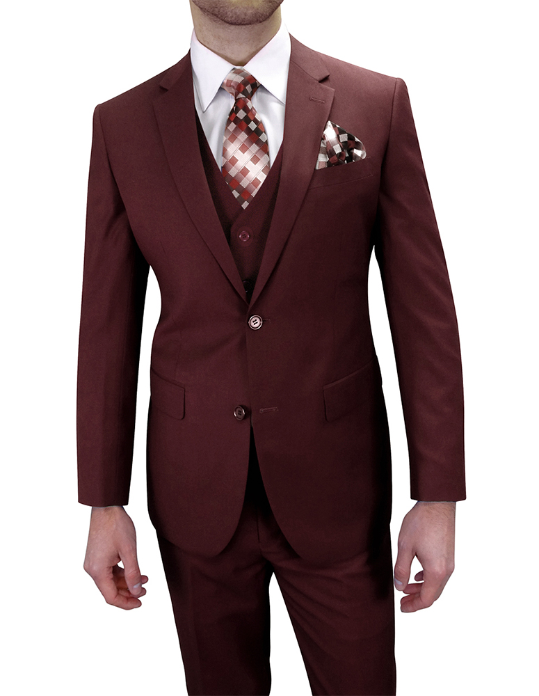 3PC SOLID COLOR BURGUNDY TAILORED FIT FLAT FRONT PANTS 2 BUTTON MENS SUIT WITH VEST SUPER 150'S EXTRA FINE ITALIAN WOOL 