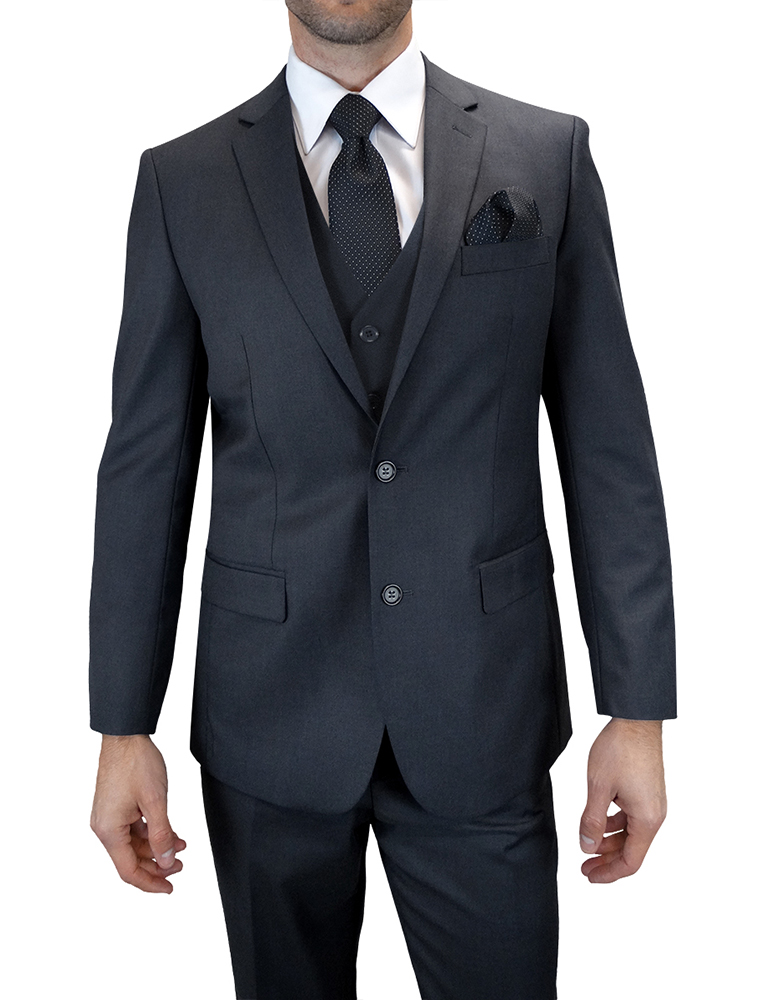 3PC SOLID COLOR CHARCOAL TAILORED FIT FLAT FRONT PANTS 2 BUTTON MENS SUIT WITH VEST SUPER 150'S EXTRA FINE ITALIAN WOOL  