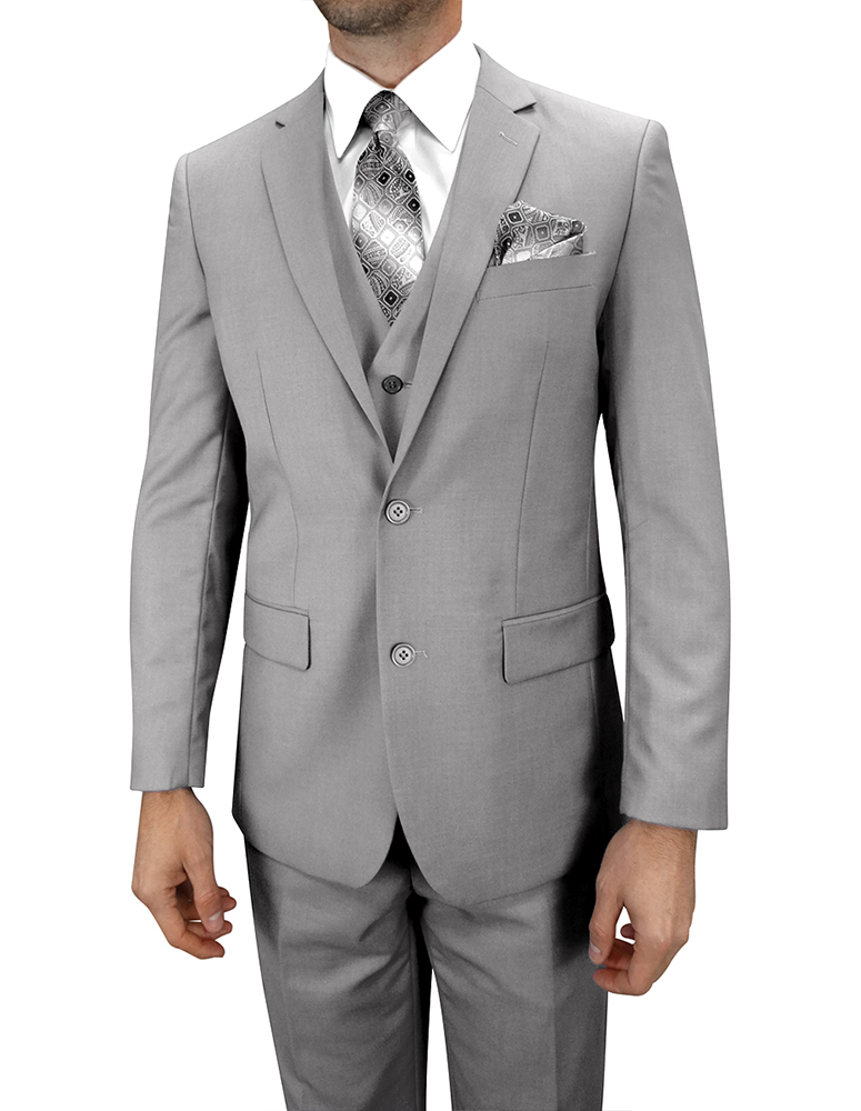 3PC SOLID COLOR GREY TAILORED FIT FLAT FRONT PANTS 2 BUTTON MENS SUIT WITH  VEST SUPER 150'S EXTRA FINE ITALIAN WOOL 