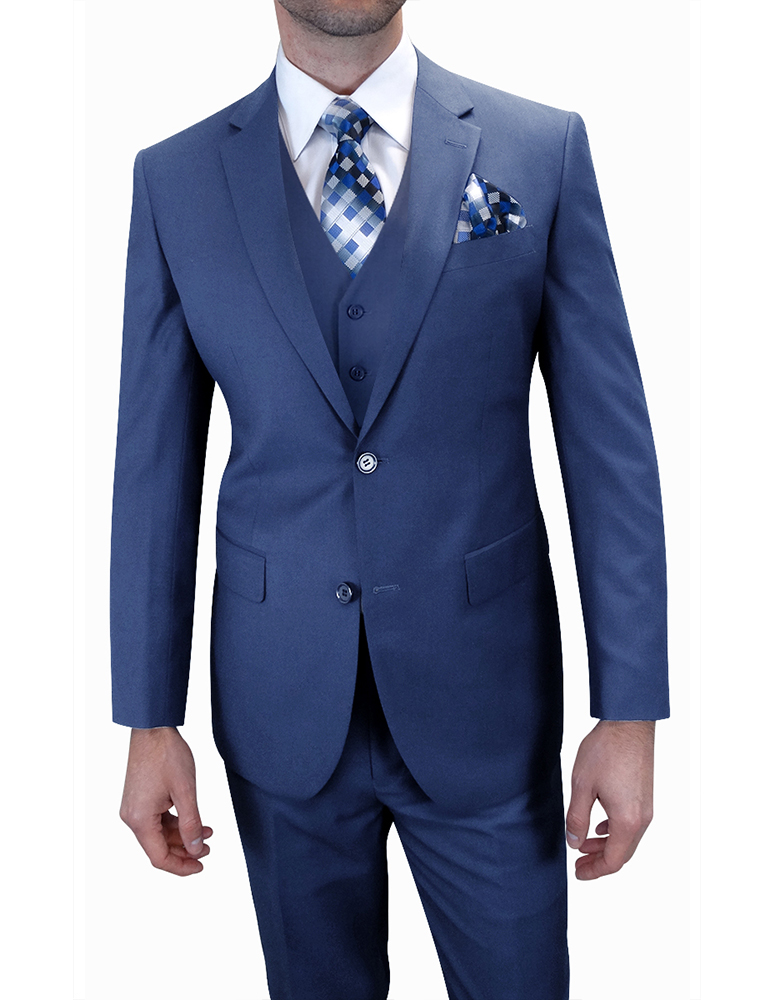 3PC SOLID COLOR INDGO TAILORED FIT FLAT FRONT PANTS 2 BUTTON MENS SUIT WITH VEST SUPER 150'S EXTRA FINE ITALIAN WOOL  