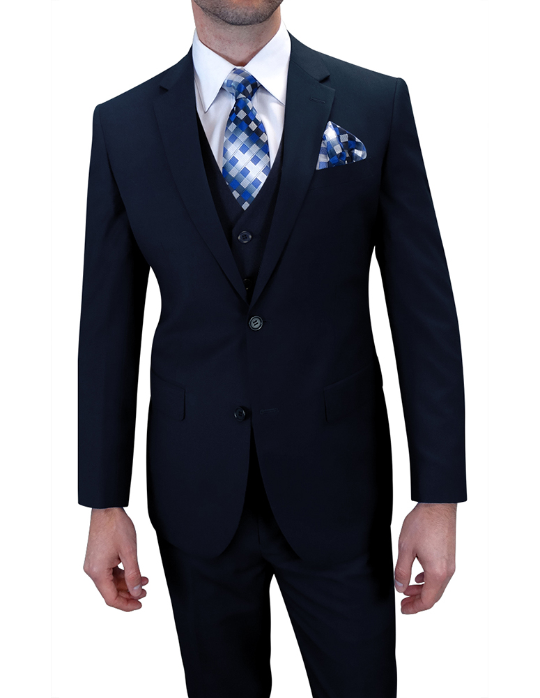 3PC SOLID COLOR NAVY TAILORED FIT FLAT FRONT PANTS 2 BUTTON MENS SUIT WITH  VEST SUPER 150'S EXTRA FINE ITALIAN WOOL   