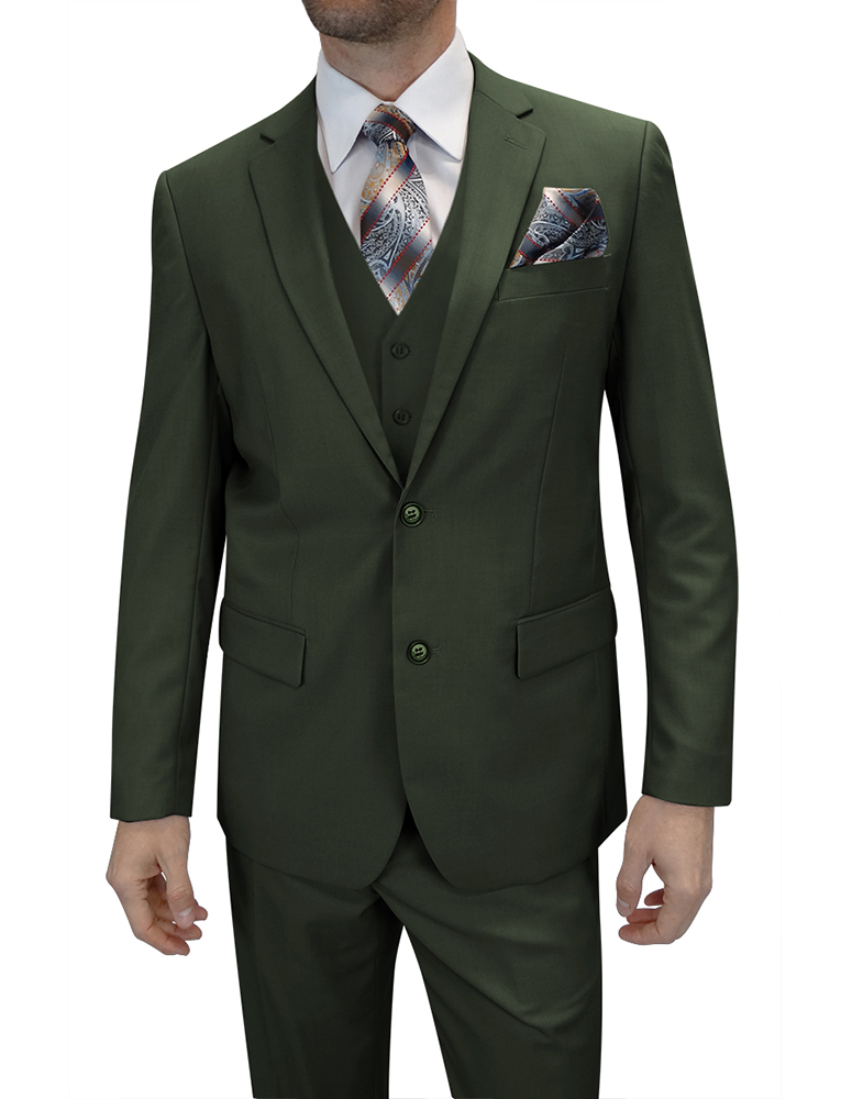 3PC SOLID COLOR OLIVE TAILORED FIT FLAT FRONT PANTS 2 BUTTON MENS SUIT WITH  VEST SUPER 150'S EXTRA FINE ITALIAN WOOL 