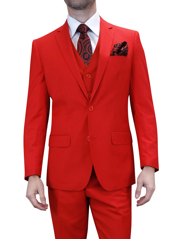 3PC SOLID COLOR RED TAILORED FIT FLAT FRONT PANTS 2 BUTTON MENS SUIT WITH VEST SUPER 150'S EXTRA FINE ITALIAN WOOL  
