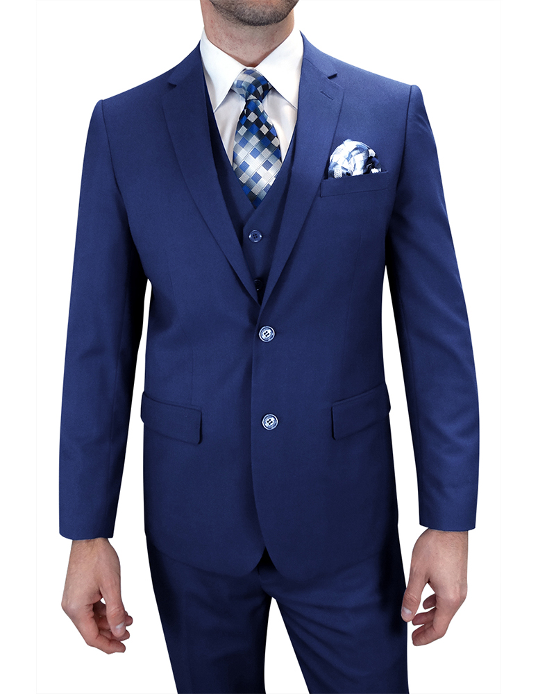 3PC SOLID COLOR SAPPHIRE TAILORED FIT FLAT FRONT PANTS 2 BUTTON MENS SUIT WITH  VEST SUPER 150'S EXTRA FINE ITALIAN WOOL   