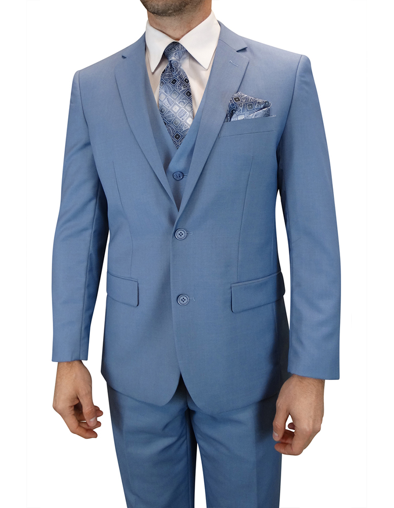 3PC SOLID COLOR STEEL BLUE TAILORED FIT FLAT FRONT PANTS 2 BUTTON MENS SUIT WITH VEST SUPER 150'S EXTRA FINE ITALIAN WOOL  