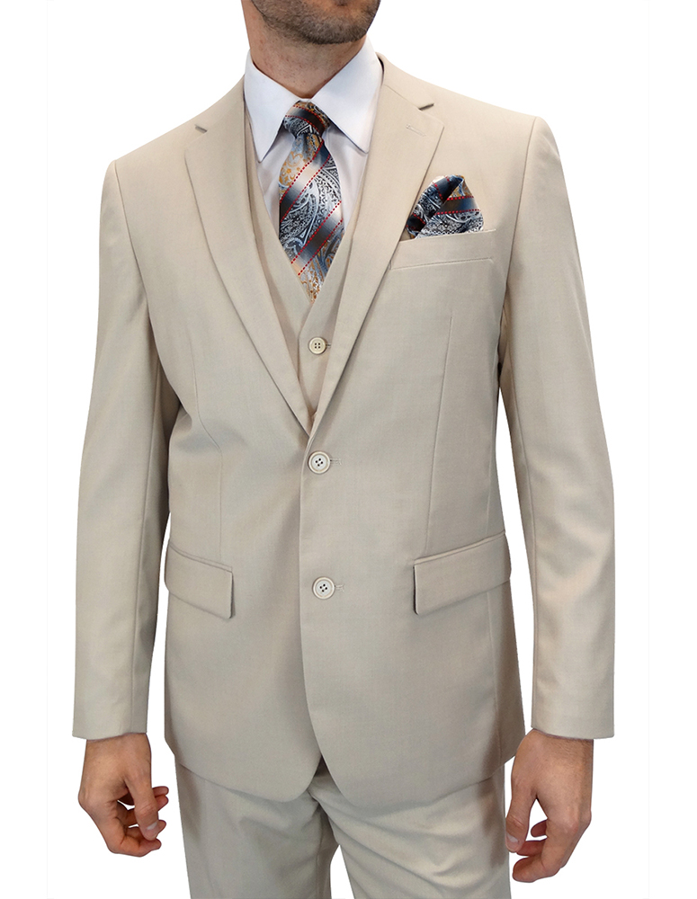 3PC SOLID COLOR TAN TAILORED FIT FLAT FRONT PANTS 2 BUTTON MENS SUIT WITH  VEST SUPER 150'S EXTRA FINE ITALIAN WOOL   