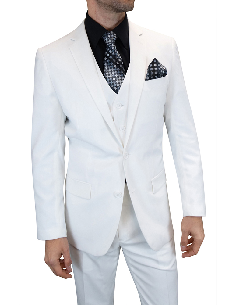 3PC SOLID COLOR WHITE TAILORED FIT FLAT FRONT PANTS 2 BUTTON MENS SUIT WITH VEST SUPER 150'S EXTRA FINE ITALIAN WOOL  
