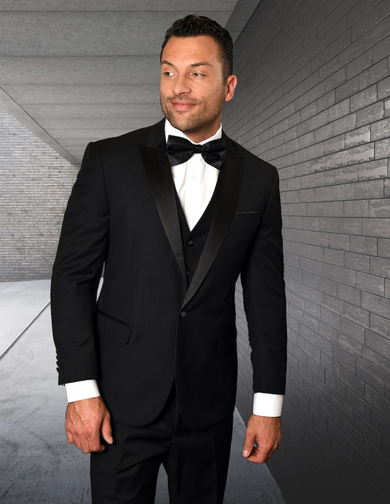 STATEMENT PEAK LAPEL BLACK 3PC TAILORED FIT TUXEDO SUIT WITH FLAT FRONT PANTS