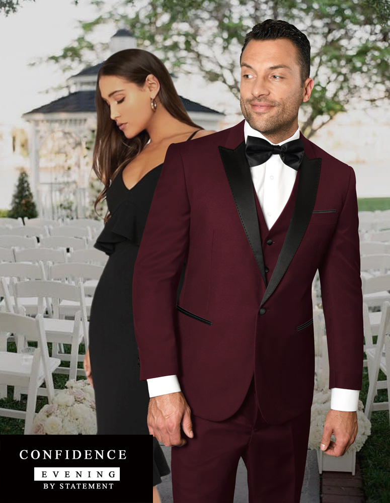 STATEMENT PEAK LAPEL BURGUNDY 3PC TAILORED FIT TUXEDO SUIT WITH FLAT FRONT PANTS 