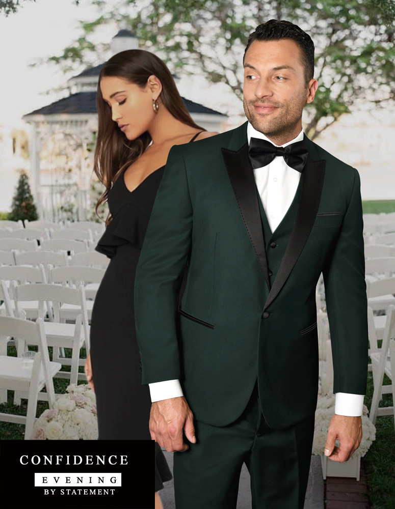 STATEMENT PEAK LAPEL HUNTER GREEN 3PC TAILORED FIT TUXEDO SUIT WITH FLAT FRONT PANTS 