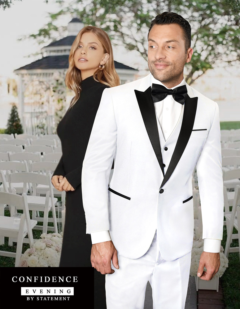 STATEMENT PEAK LAPEL WHITE 3PC TAILORED FIT TUXEDO SUIT WITH FLAT FRONT PANTS 