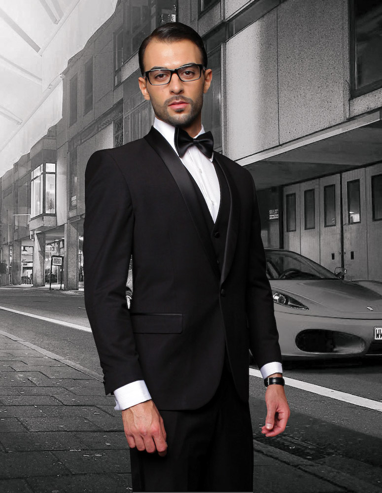 STATEMENT TUX-SH BLACK 3PC TAILORED FIT TUXEDO SUIT WITH FLAT FRONT PANTS INCLUDING MATCHING BOWTIE  