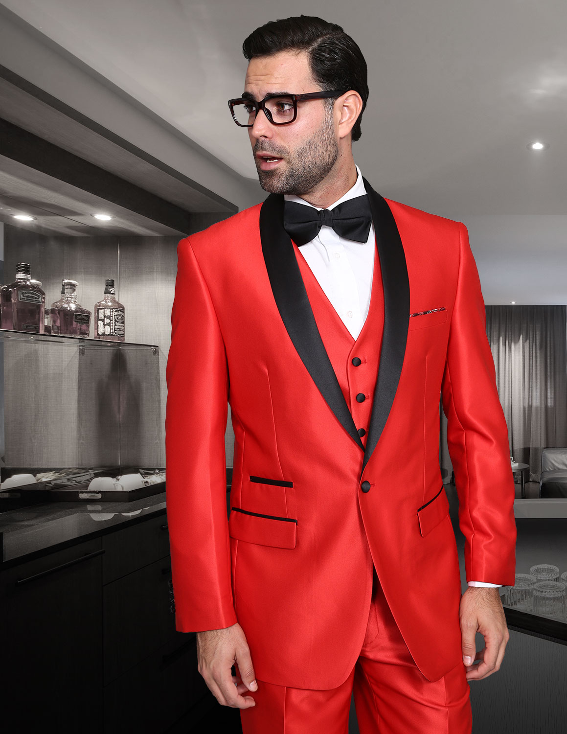 STATEMENT TUX-SH RED 3PC TAILORED FIT TUXEDO SUIT WITH FLAT FRONT PANTS INCLUDING MATCHING BOWTIE   