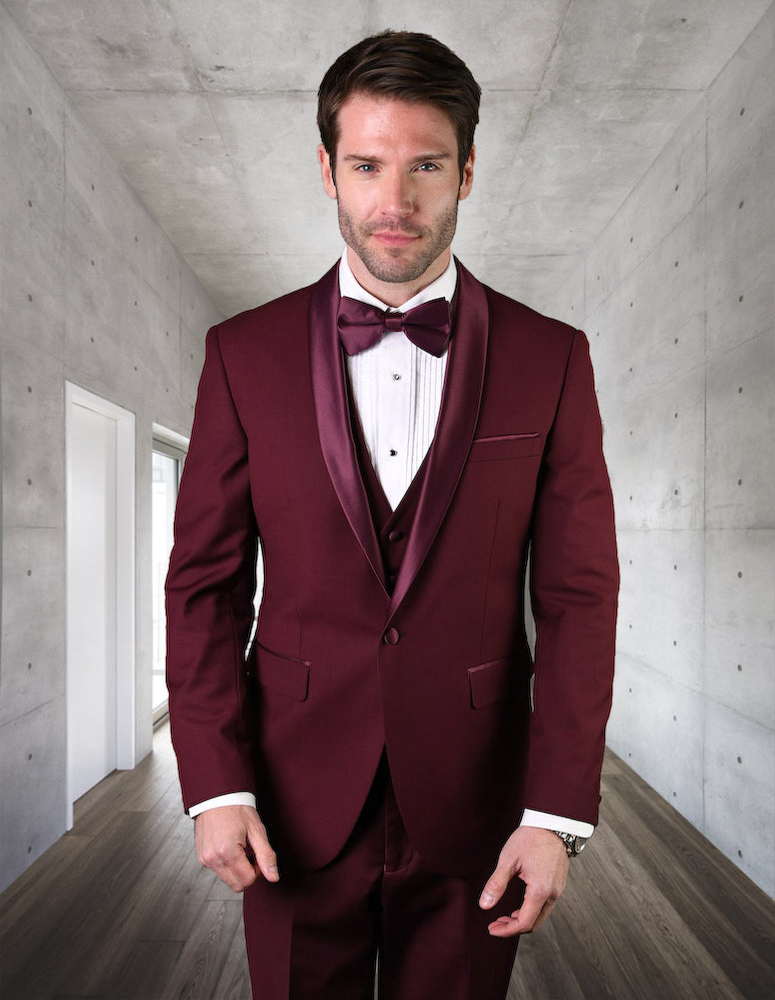 STATEMENT TUX-SH BURGUNDY 3PC TAILORED FIT TUXEDO SUIT WITH FLAT FRONT PANTS INCLUDING MATCHING BOWTIE   