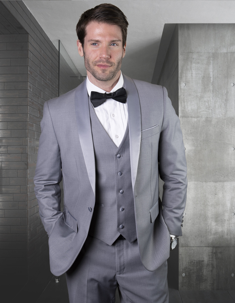 STATEMENT TUX-SH GREY-GREY 3PC TAILORED FIT TUXEDO SUIT WITH FLAT FRONT PANTS INCLUDING MATCHING BOWTIE    (CLON)
