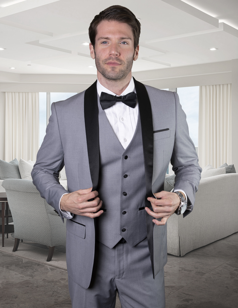 STATEMENT TUX-SH GREY 3PC TAILORED FIT TUXEDO SUIT WITH FLAT FRONT PANTS INCLUDING MATCHING BOWTIE   