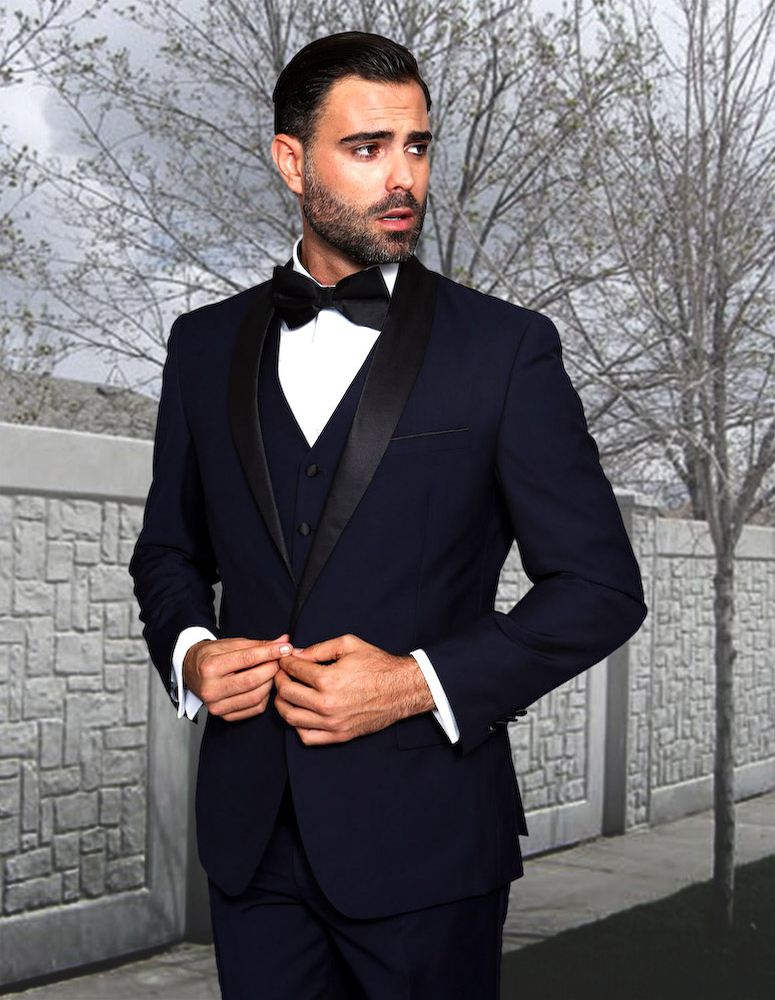 STATEMENT TUX-SH NAVY 3PC TAILORED FIT TUXEDO SUIT WITH FLAT FRONT PANTS INCLUDING MATCHING BOWTIE 