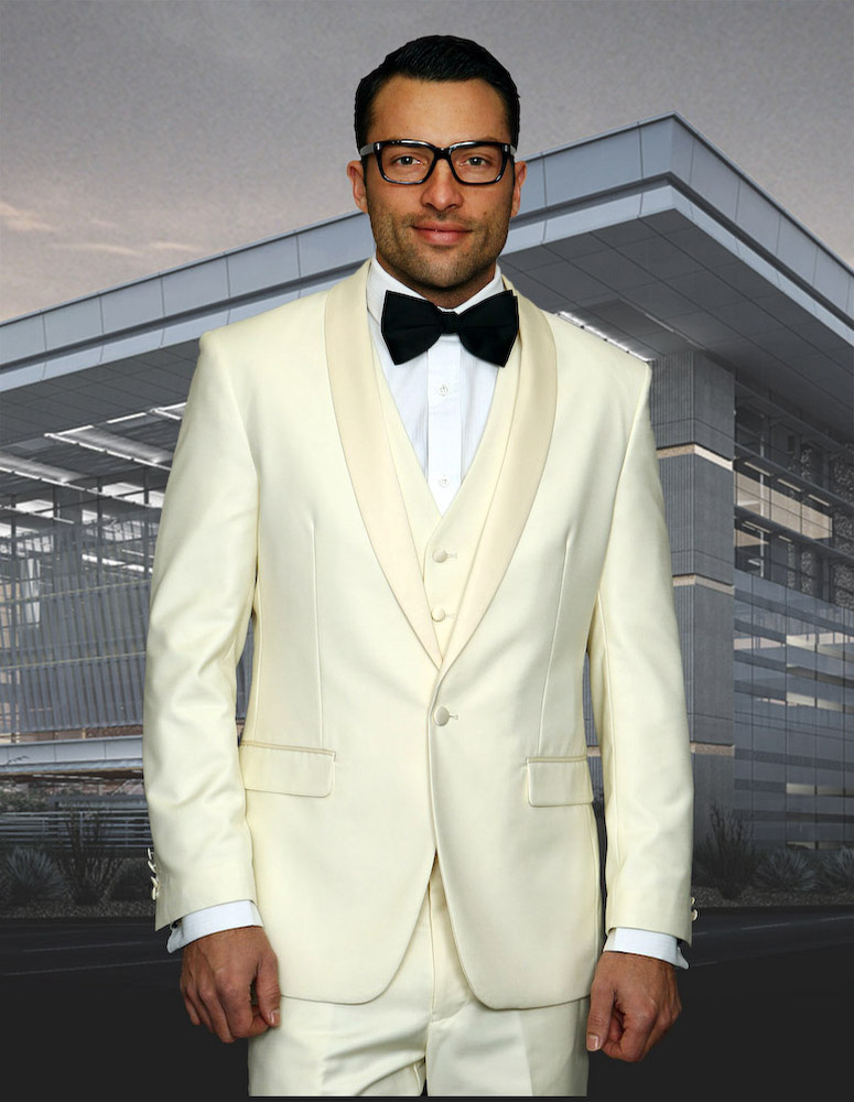 STATEMENT TUX-SH OFFWHITE 3PC TAILORED FIT TUXEDO SUIT WITH FLAT FRONT PANTS INCLUDING MATCHING BOWTIE   