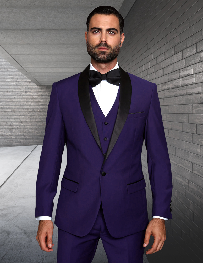 STATEMENT TUX-SH PURPLE 3PC TAILORED FIT TUXEDO SUIT WITH FLAT FRONT PANTS INCLUDING MATCHING BOWTIE   