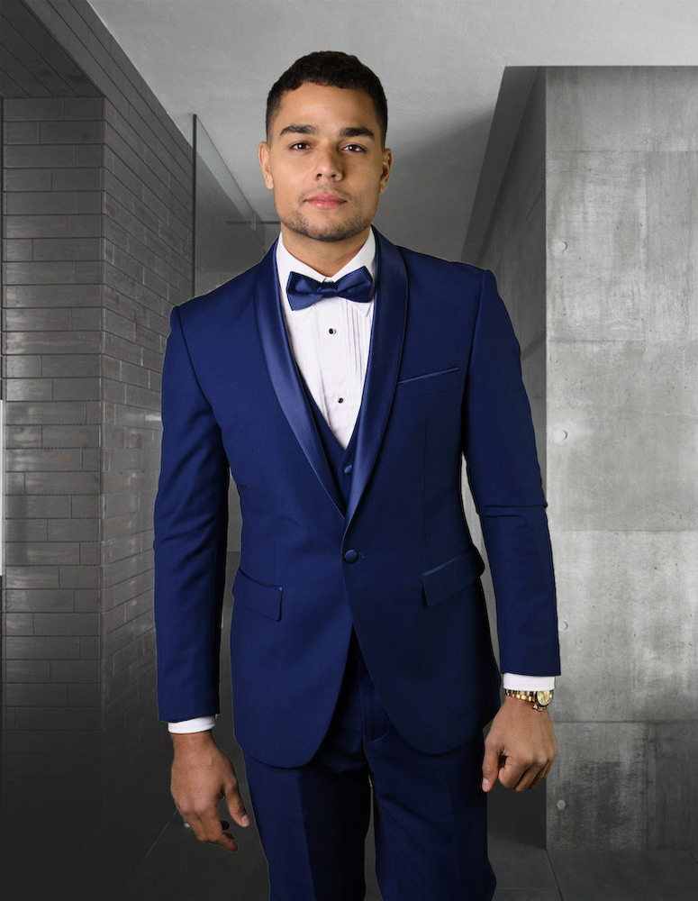STATEMENT TUX-SH SAPPHIRE 3PC TAILORED FIT TUXEDO SUIT W/ SAPPHIRE SHAWL LAPEL WITH FLAT FRONT PANTS INCLUDING MATCHING BOWTIE   
