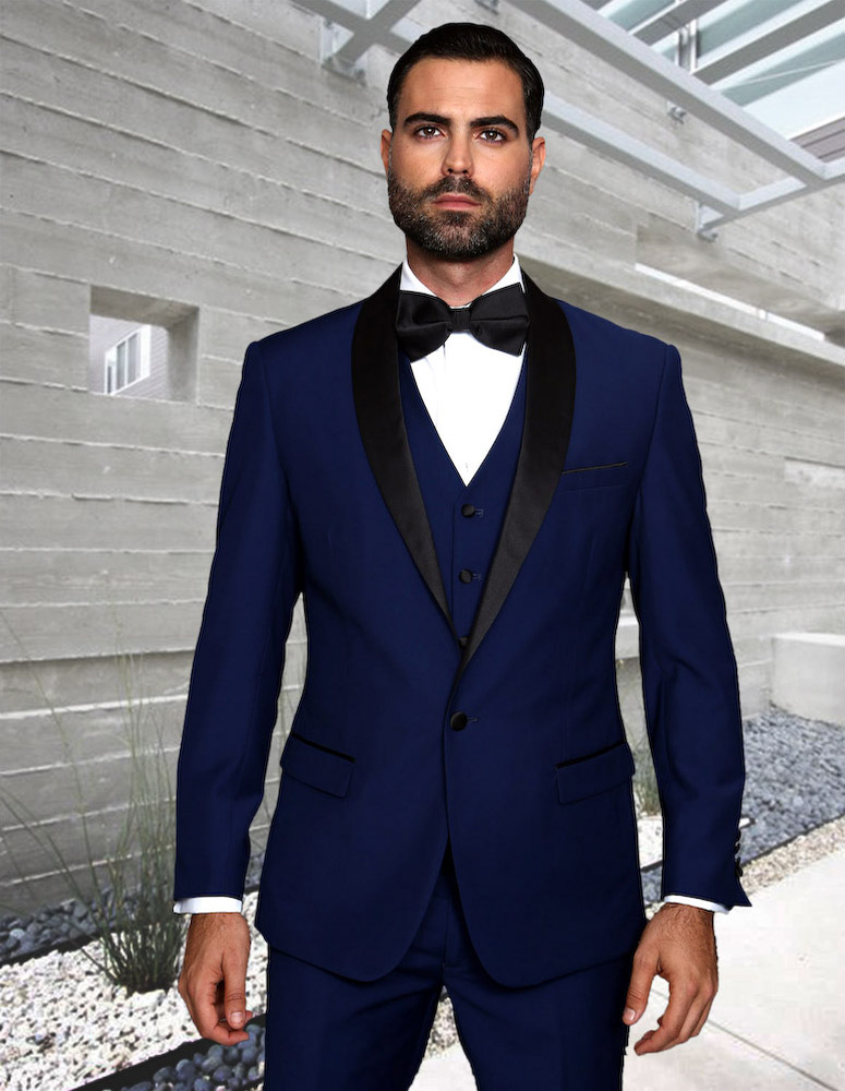 STATEMENT TUX-SH SAPPHIRE 3PC TAILORED FIT TUXEDO SUIT W/ BLACK SHAWL LAPEL WITH FLAT FRONT PANTS INCLUDING MATCHING BOWTIE  