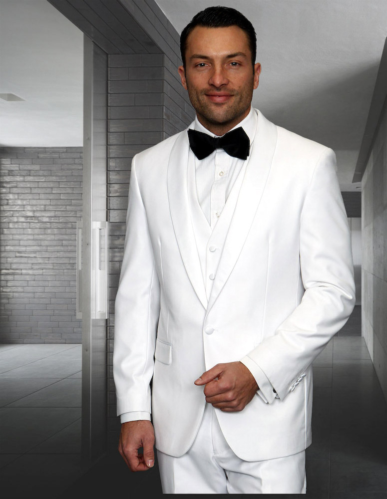 STATEMENT TUX-SH WHITE 3PC TAILORED FIT TUXEDO SUIT WITH FLAT FRONT PANTS INCLUDING MATCHING BOWTIE   