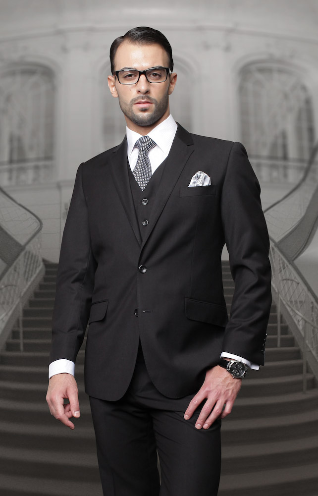 TZ-100 CLASSIC REGULAR FIT PLEATED PANTS 3PC 2 BUTTON SOLID BLACK MENS SUIT BY STATEMENT. SUPER 150'S EXTRA FINE ITALIAN 