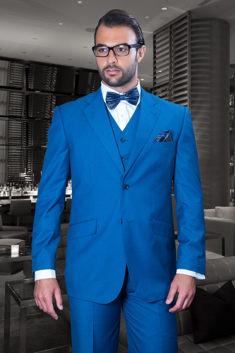 TZ-100 CLASSIC 3PC 2 BUTTON SOLID FRENCH BLUE MENS SUIT SUPER 150'S EXTRA FINE ITALIAN