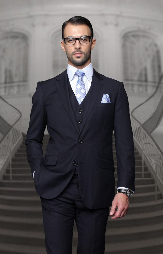 TZ-100 CLASSIC REGULAR FIT PLEATED PANTS 3PC 2 BUTTON SOLID NAVY MENS SUIT BY STATEMENT. SUPER 150'S EXTRA FINE ITALIAN 