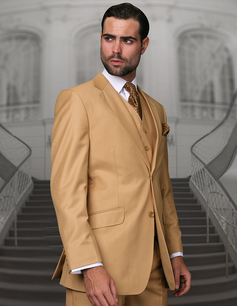 TZ-100 CLASSIC 3PC 2 BUTTON SOLID CAMEL MENS SUIT BY STATEMENT. SUPER 150'S EXTRA FINE ITALIAN FABRIC      