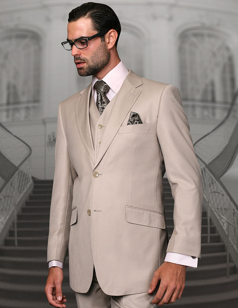 TZ-100BG CLASSIC 3PC 2 BUTTON SOLID TAN MENS SUIT SUPER 150'S EXTRA FINE ITALIAN FABRIC   