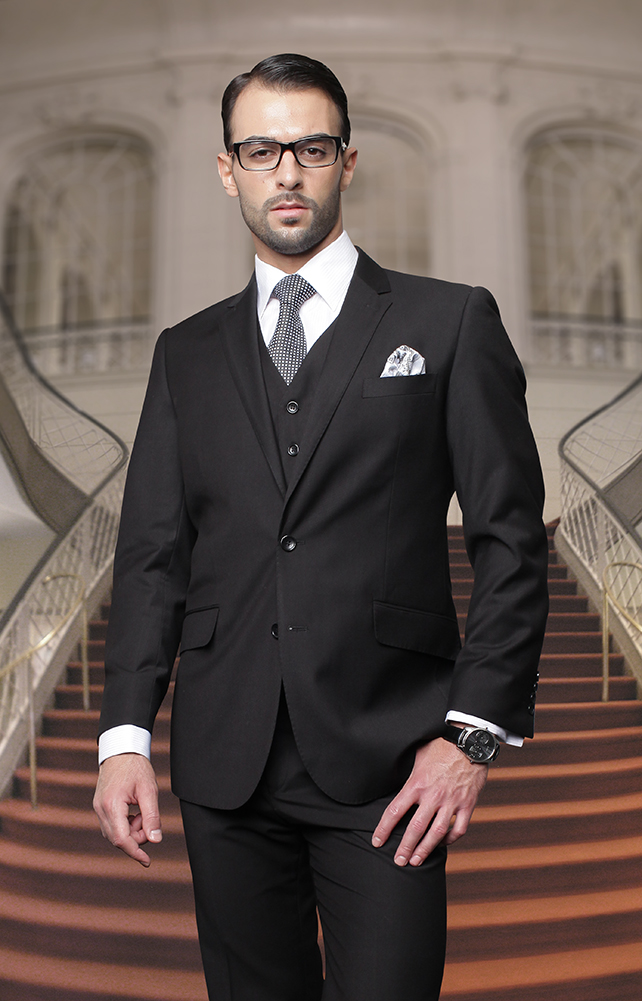 TZ-100BG CLASSIC 3PC 2 BUTTON SOLID BLACK MENS SUIT SUPER 150'S EXTRA FINE ITALIAN FABRIC   