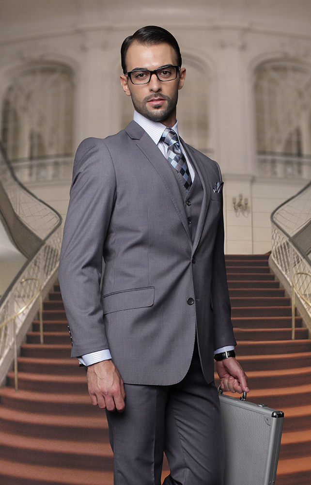 TZ-100BG CLASSIC 3PC 2 BUTTON SOLID CHARCOAL MENS SUIT SUPER 150'S EXTRA FINE ITALIAN FABRIC 