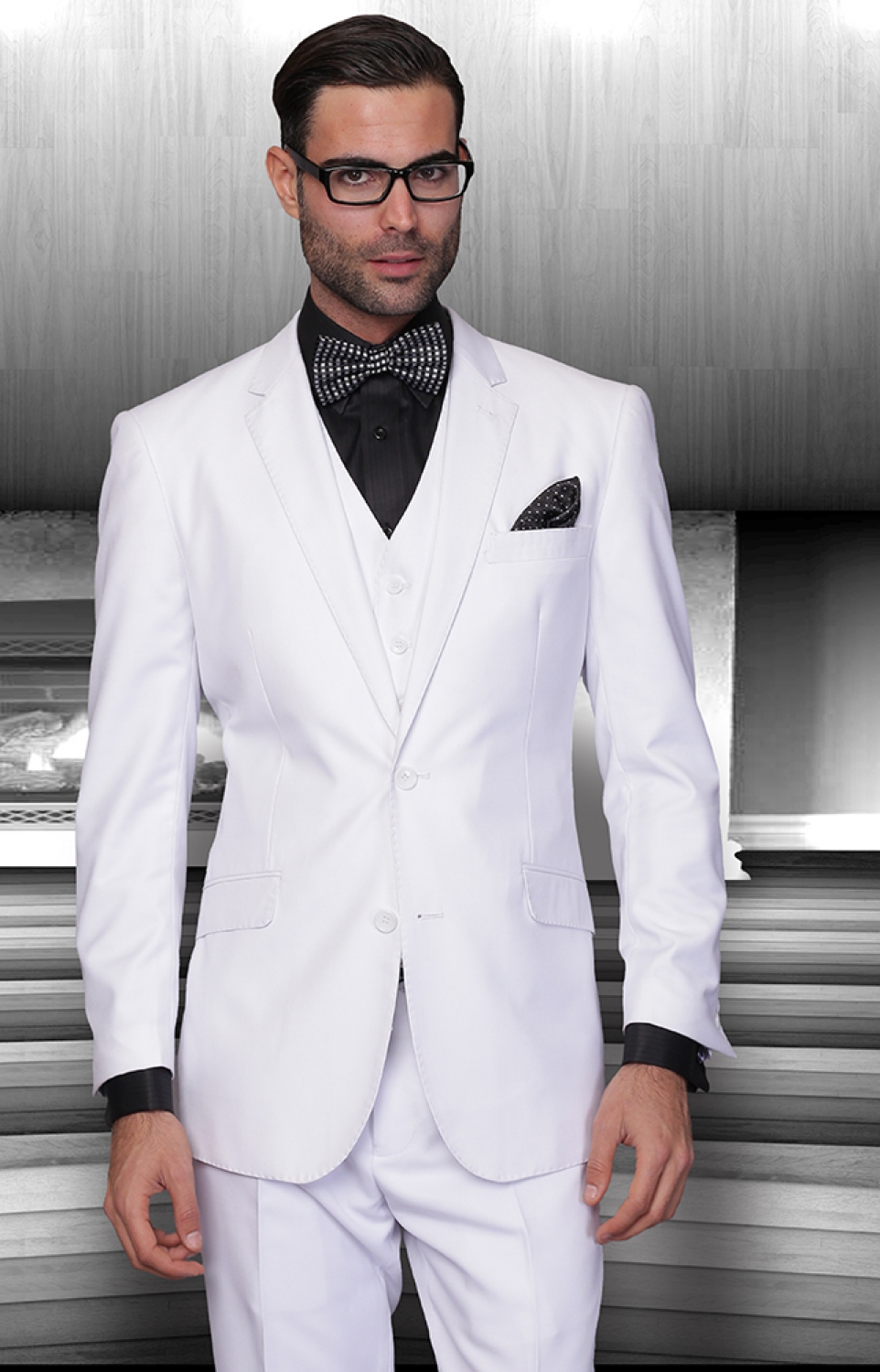 TZ-100 CLASSIC REGULAR FIT PLEATED PANTS 3PC 2 BUTTON SOLID WHITE MENS SUIT BY STATEMENT. SUPER 150'S EXTRA FINE ITALIAN