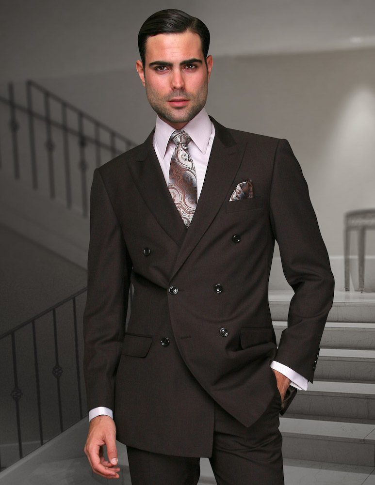 TZD-100 BROWN CLASSIC DOUBLE BREASTED SOLID COLOR MENS SUIT BY STATEMENT. SUPER 150'S EXTRA FINE ITALIAN WOOL HAND MADE