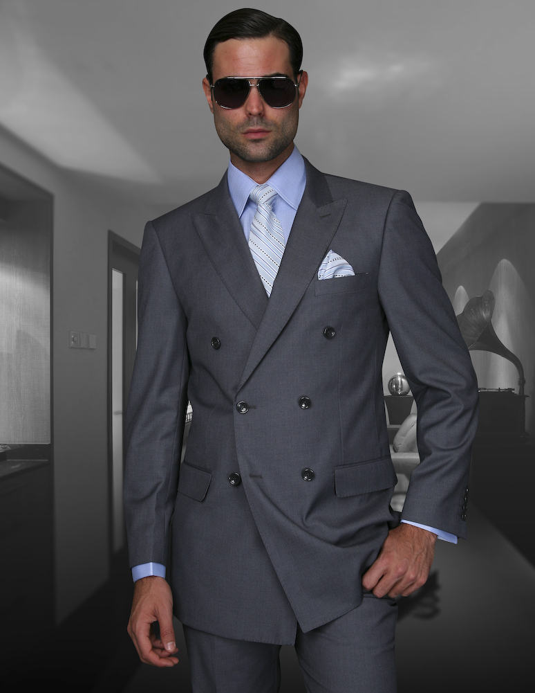 TZD-100 CHARCOAL CLASSIC DOUBLE BREASTED SOLID COLOR MENS SUIT BY TESSORI UOMO. SUPER 150'S EXTRA FINE ITALIAN WOOL HAND MADE 